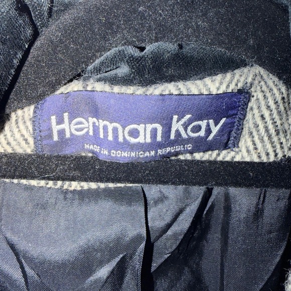 Vtg Herringbone Wool Blend Coat Black Velvet Collar Grey Womens 12 Quiet Luxury - Picture 2 of 7